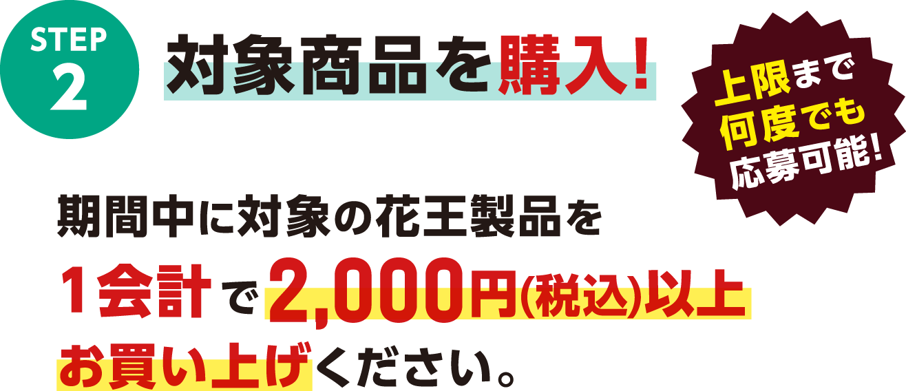 STEP2 対象商品を購入！上限まで何度でも応募可能！期間中に対象の花王製品を1会計で2,000円（税込）以上お買い上げください。