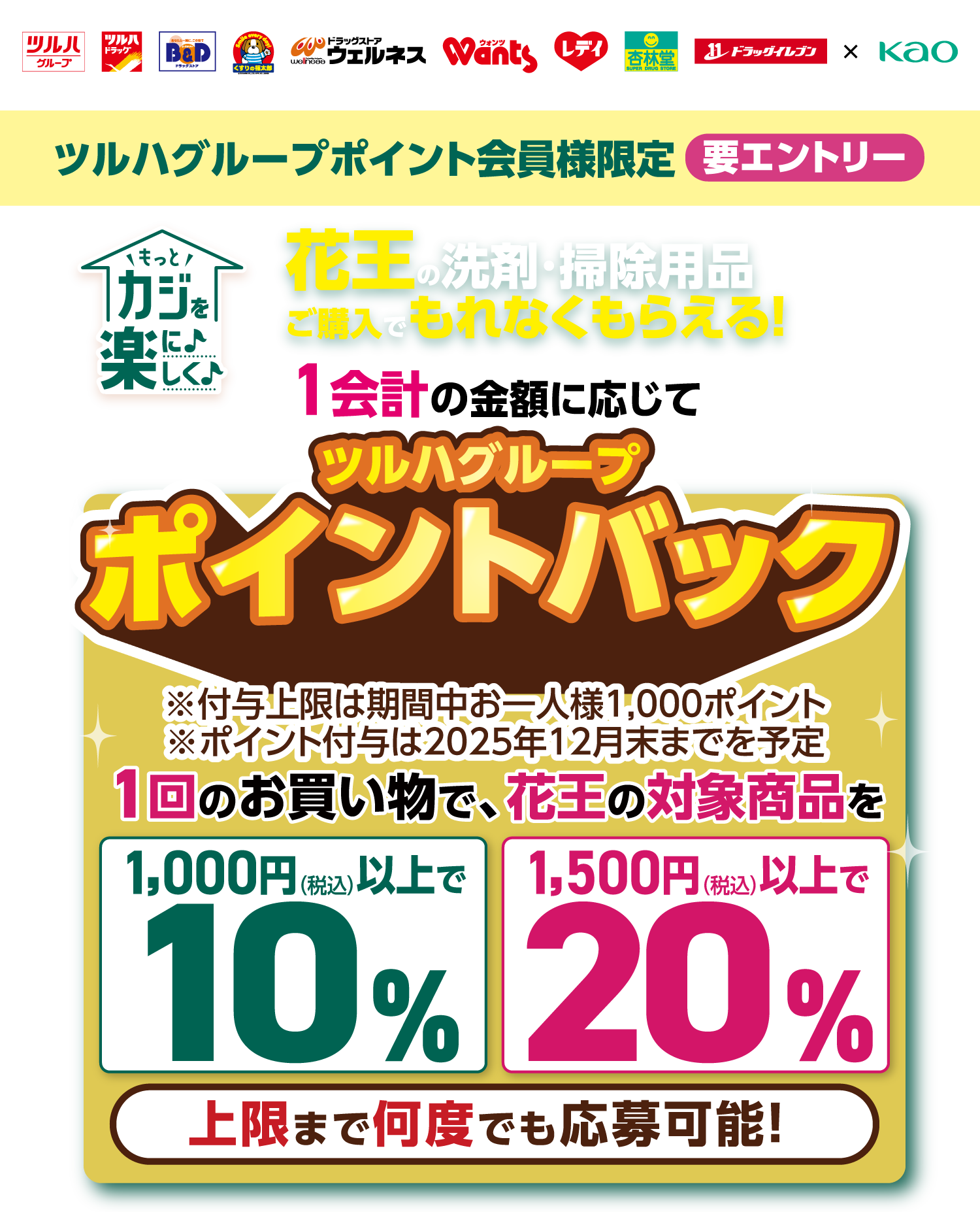 ツルハグループポイント会員様限定 要エントリー もっとカジを楽に楽しく 花王の洗剤・掃除用品ご購入でもれなくもらえる! 1会計の金額に応じてツルハグループポイントバック※付与上限は期間中お一人様1,000ポイント ※ポイント付与は2025年12月末までを予定 1回のお買い物で、花王の対象商品を 1,000円(税込)以上で10% 1,500円(税込)以上で20% 上限まで何度でも応募可能!