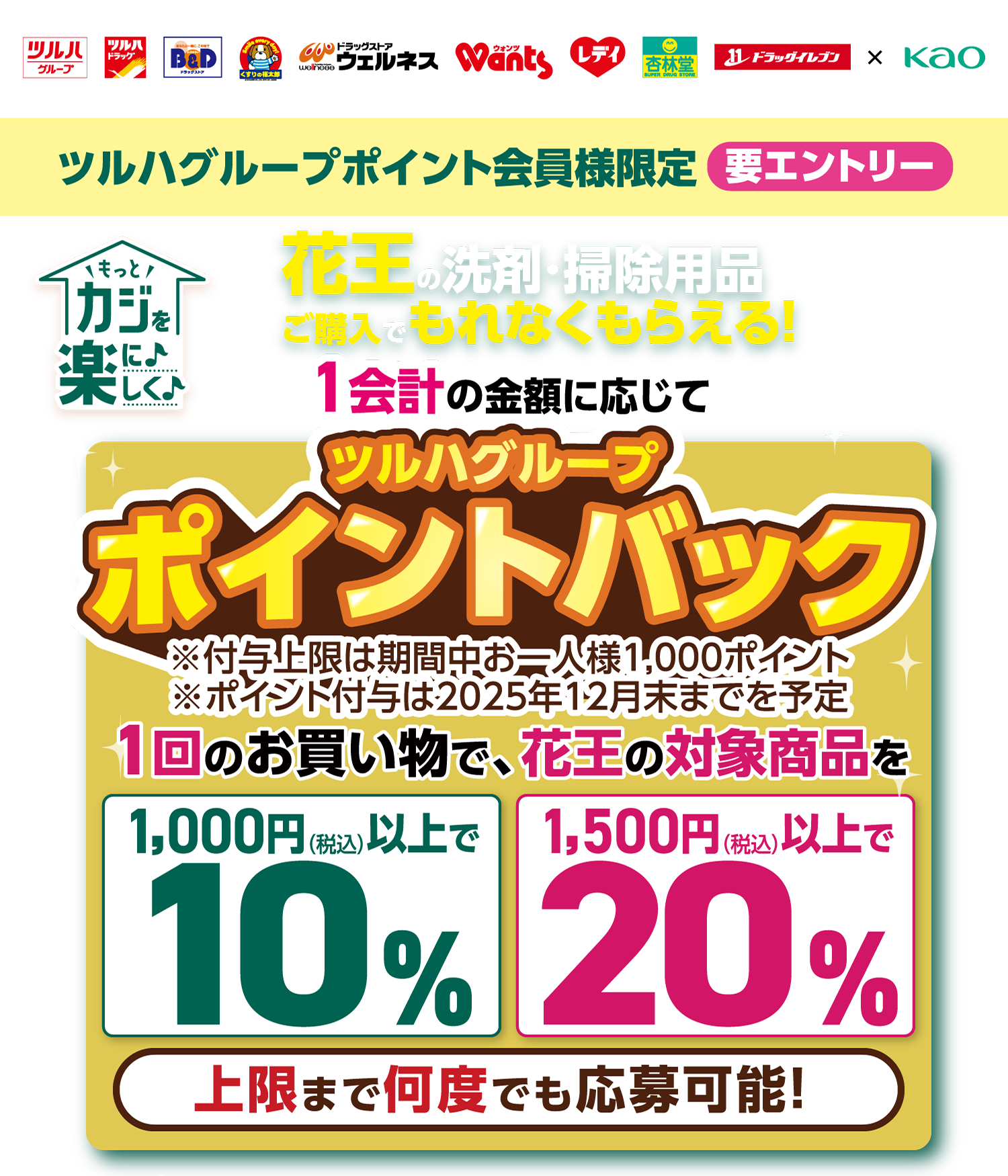 ツルハグループポイント会員様限定 要エントリー もっとカジを楽に楽しく 花王の洗剤・掃除用品ご購入でもれなくもらえる！ 1会計の金額に応じてツルハグループポイントバック※付与上限は期間中お一人様1,000ポイント ※ポイント付与は2025年12月末までを予定 1回のお買い物で、花王の対象商品を 1,000円（税込）以上で10% 1,500円（税込）以上で20% 上限まで何度でも応募可能！