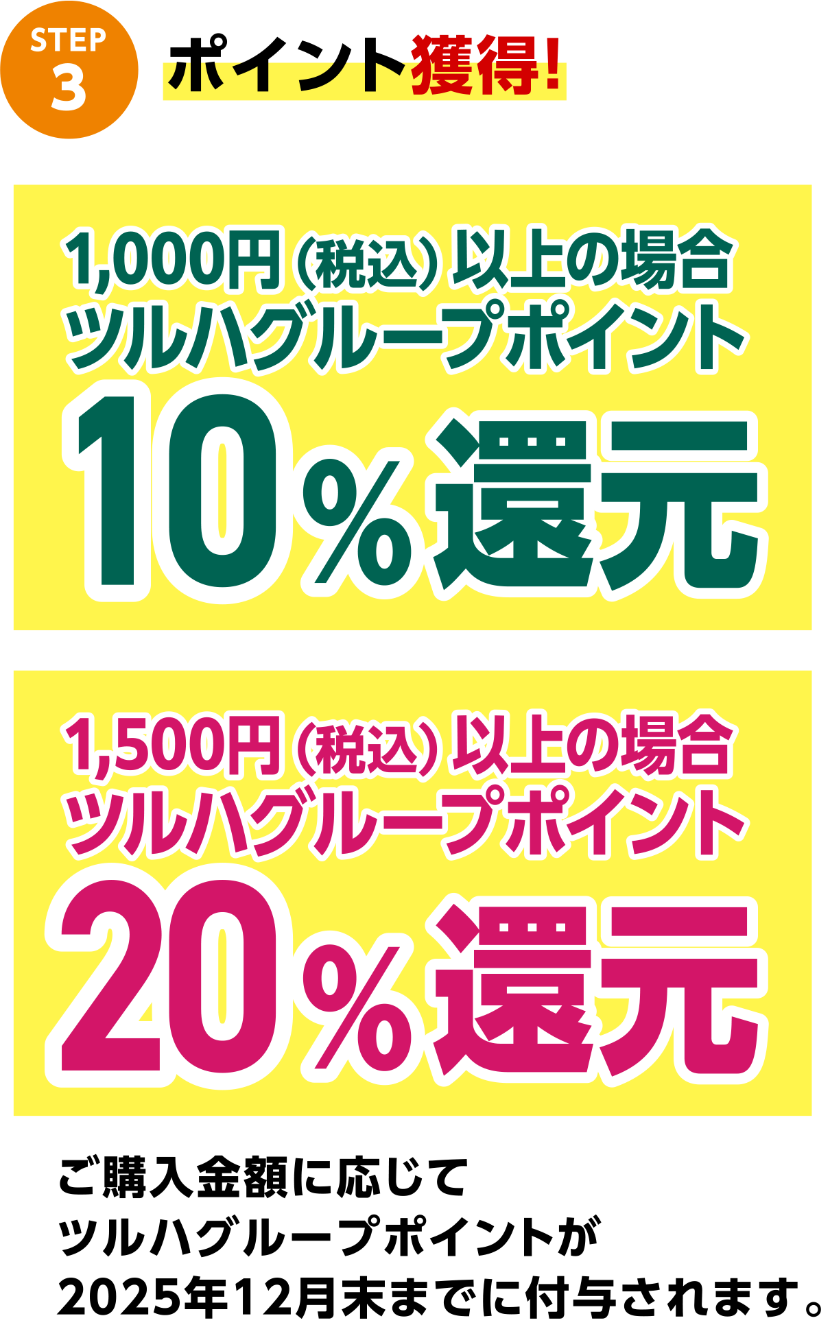 STEP3 ポイント獲得！ 1,000円（税込）以上の場合ツルハグループポイント10%還元1,500円（税込）以上の場合ツルハグループポイント20%還元 ご購入金額に応じてツルハグループポイントが2025年12月末までに付与されます。