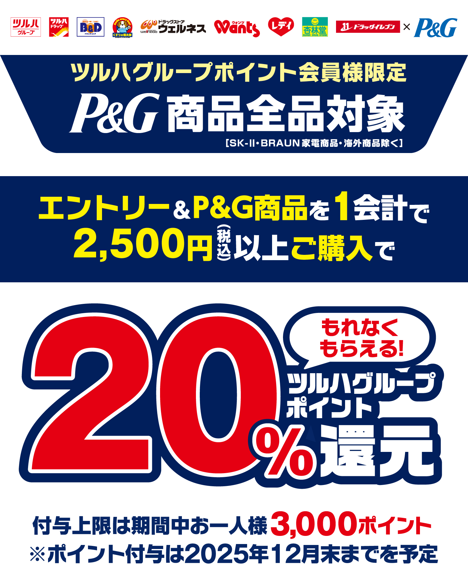 ツルハグループポイント会員様限定 P&G商品全品対象［SK-Ⅱ・BRAUN家電商品・海外商品除く］ エントリー&P&G商品を1会計で2,500円（税込）以上ご購入で ツルハグループポイント20%還元 もれなくもらえる！ 付与上限は期間中お一人様3,000ポイント ※ポイント付与は2025年12月末までを予定